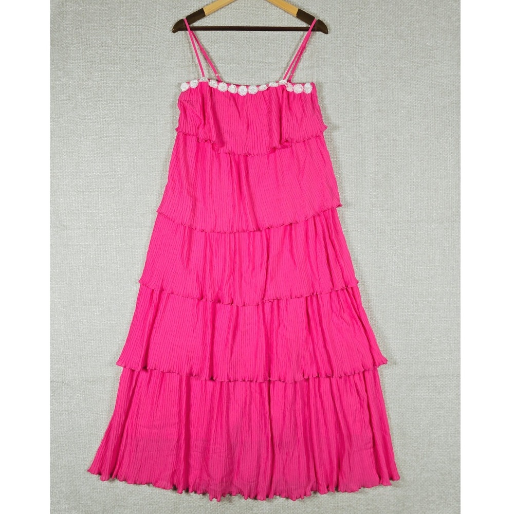 Listicle Womens Pink Tiered Maxi Dress Floral Pearl Trim Pleated Ruffle Sz S